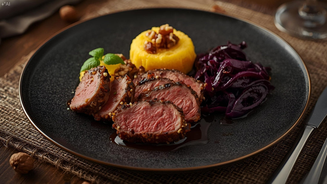 Rehrücken mit Walnusskruste, Polenta-Taler und Rotkohl