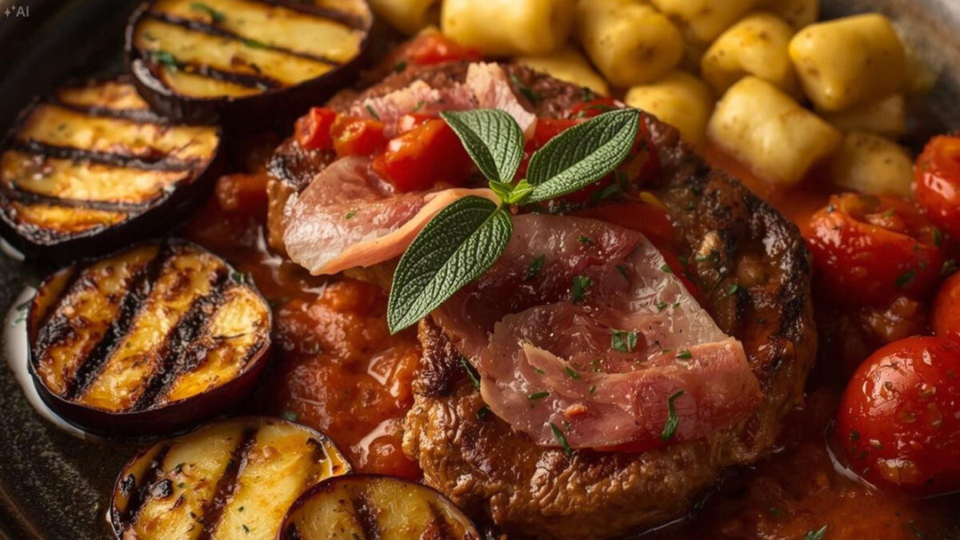Saltimbocca mit Gnocchi, Tomatensoße, Grillgemüse