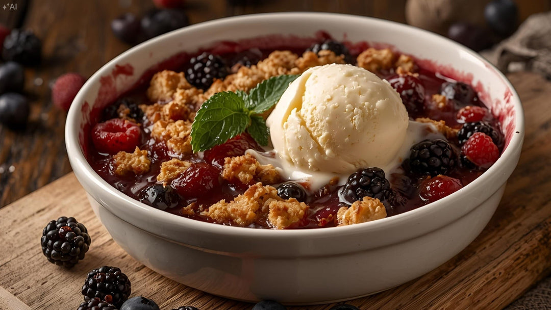 Beeren-Crumble mit Vanilleeis in runder heller Backform