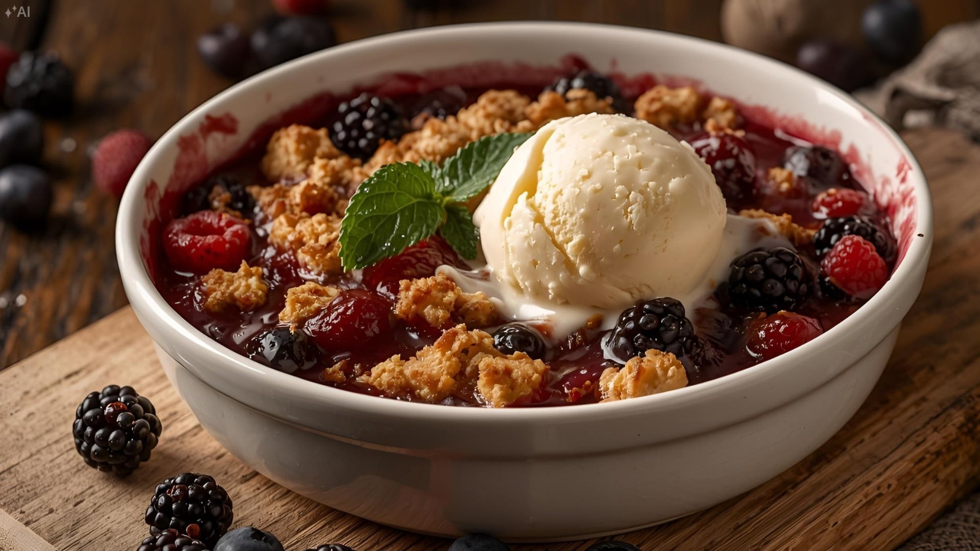 Beeren-Crumble mit Vanilleeis in runder heller Backform