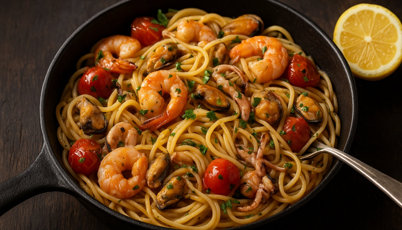 Meeresfrüchte Pasta mit Zitrone und Tomaten vom Smoker