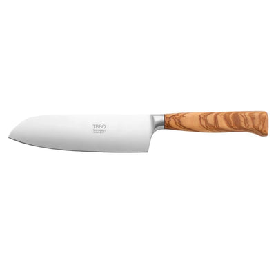 TBBQ Santoku Küchenmesser mit geschmiedeter Klinge 16 cm, rostfrei, Olivenholzgriff